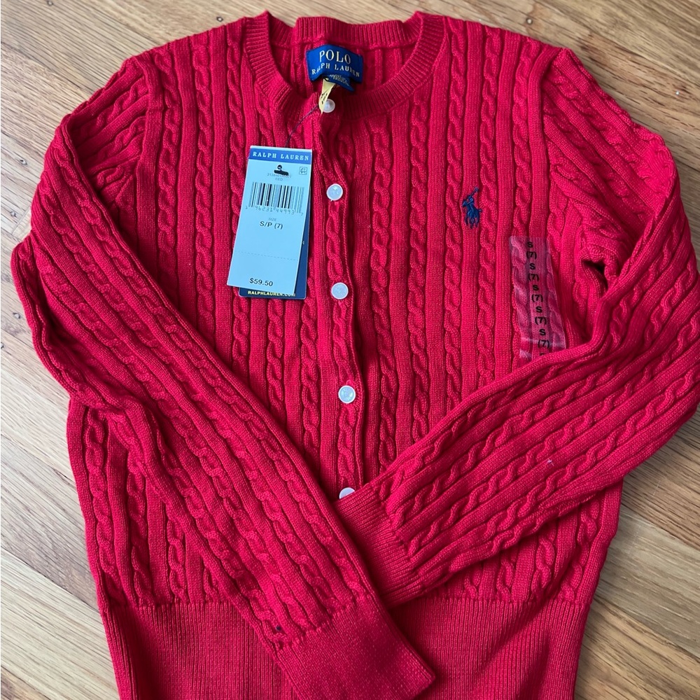 NWT girls Polo Ralph Lauren Red Cable Knit Cardigan
